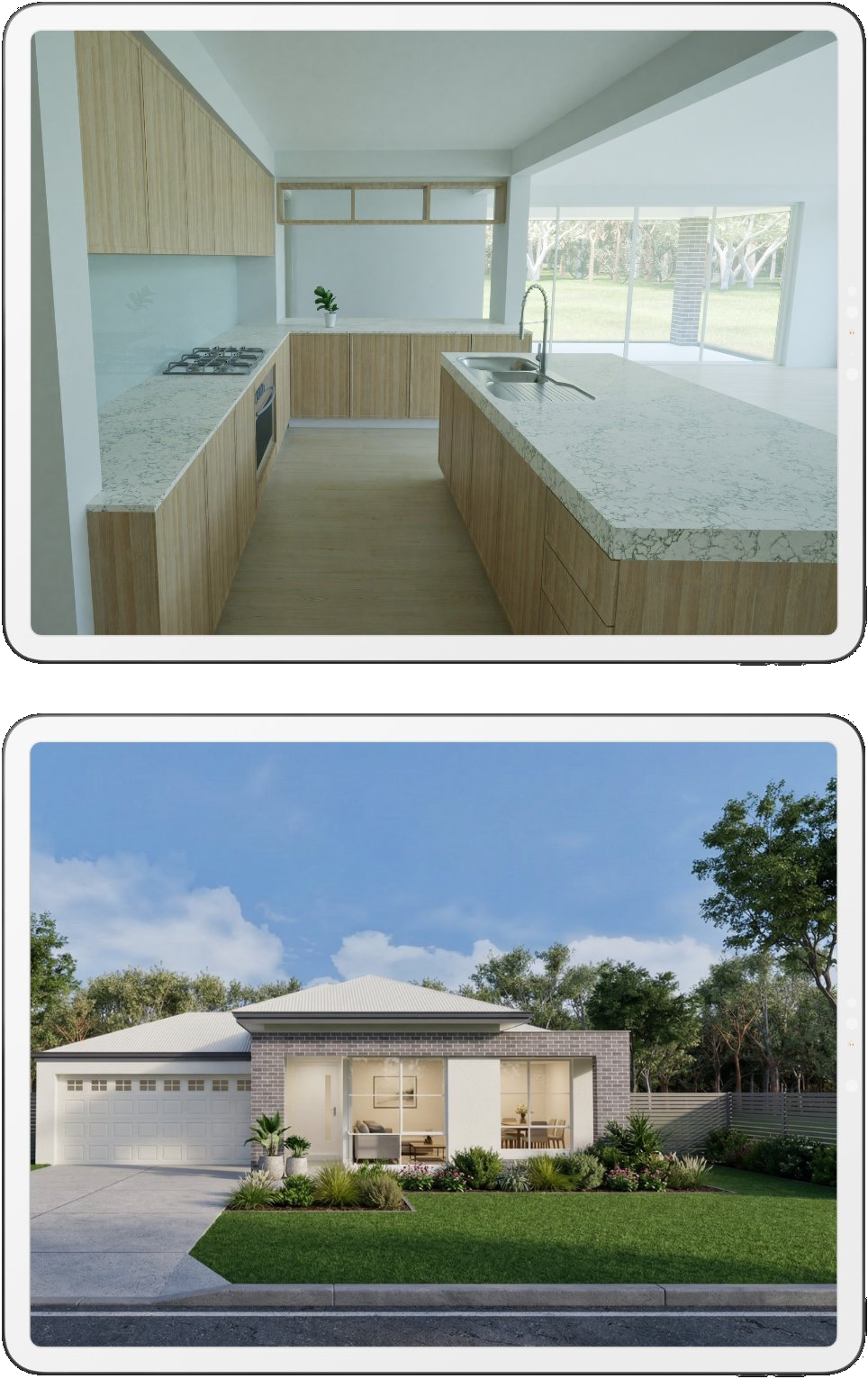 Photo-real kitchen and exterior renders showing selection detail