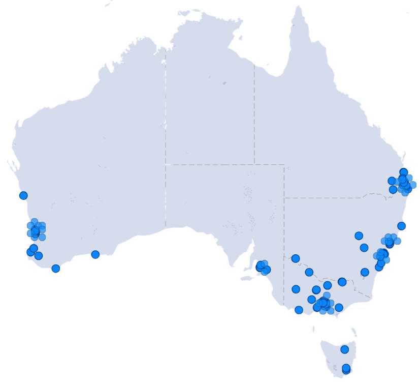 Locations of builders' head offices using Constructive Software across Australia